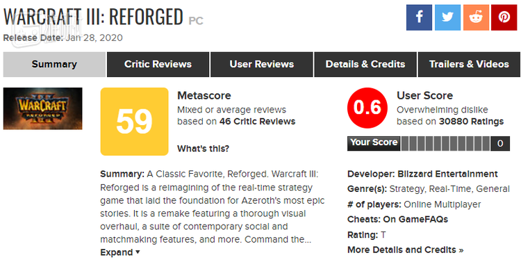 《魔兽3重制版》曾经是MC上第一个跌破0.5分的游戏