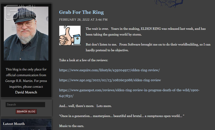 2月28日乔治·R·R·马丁在自己的博客上给粉丝倾情安利《艾尔登法环》，对宫崎英高也不吝溢美之词，“所有功劳都属于宫崎英高和他的团队，他们用五年时间，决心创造史上最好的游戏”