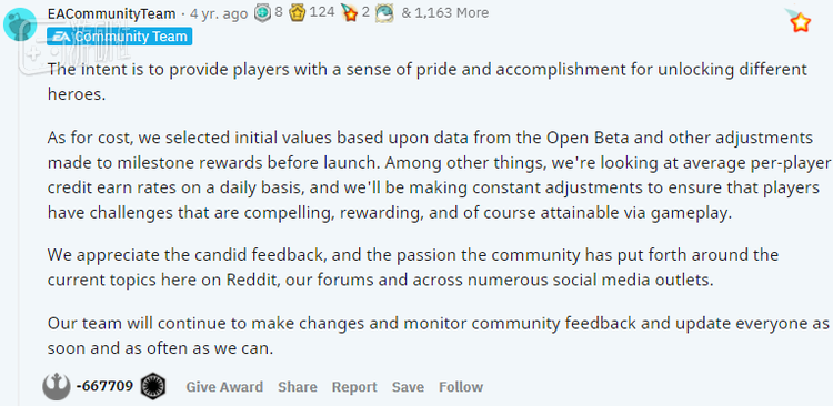 EA关于《星球大战：前线2》氪金机制的解释收获了66万个踩，创下Reddit记录