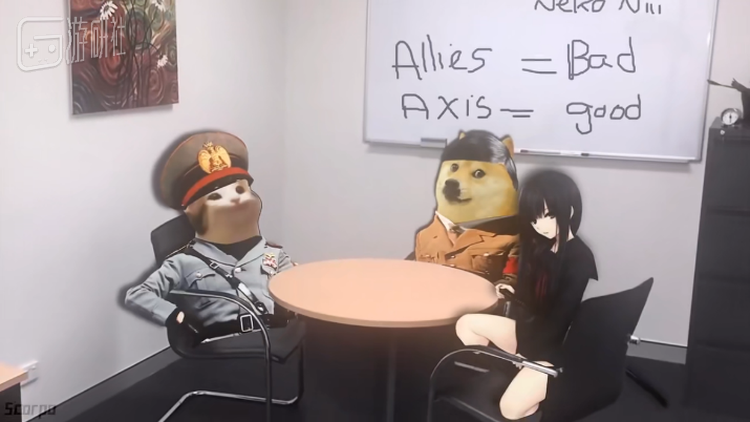 德国doge、意大利popo，以及日本纸片人签订了三国合约。注意背景黑板上写的字：同盟国——坏、轴心国——好