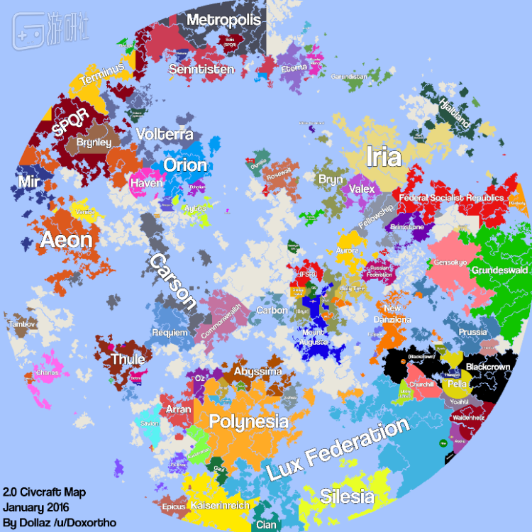 Civcraft在2.0版本中公布的国家分布地图