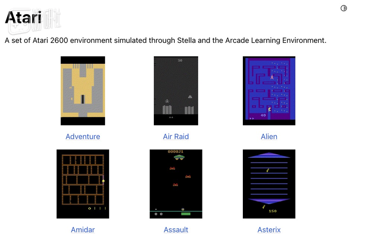 公开发布的Gym documentation调试工具箱，内置了大量雅达利小游戏
