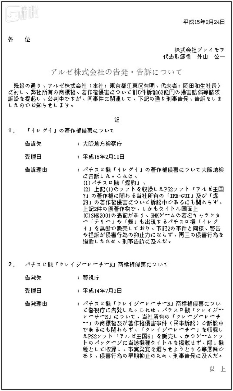 2002年以Playmore名义提出诉讼的公告