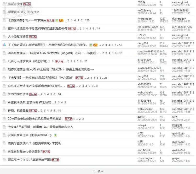 复活老网游已形成了一股风潮，另一家公司创天互娱的“新游推荐”版面也充斥着玩家请愿老游戏再度开服的帖子