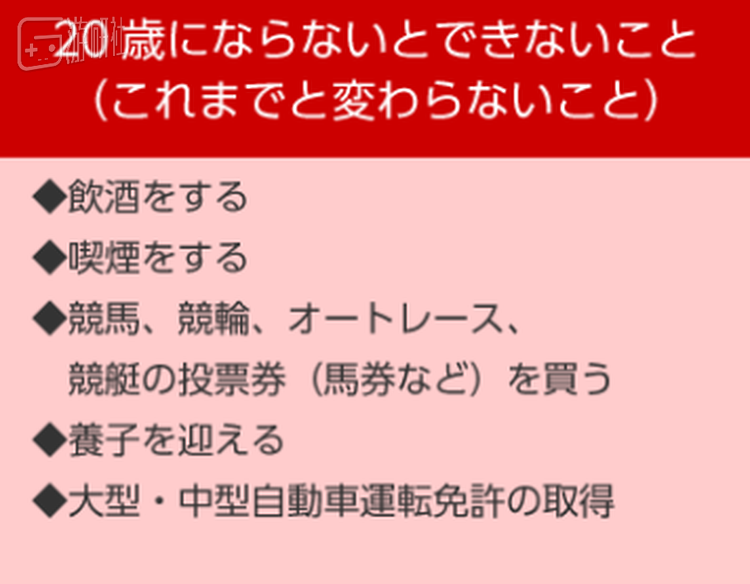 20岁才能做的事：饮酒、吸烟、公营赌博、接收养子、考取中型大型载具的驾照