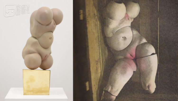 汉斯·贝尔默的人偶作品，名为 ball-jointed，左1为博物馆复原体 由两组臀部与一个球状腹部组装而成 球状的造型和照片的二次上色表达了明确强烈的性幻想 