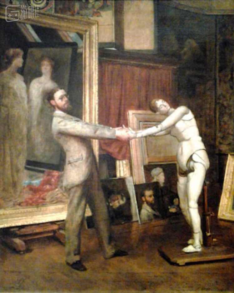 约翰·威尔（John Weir）（1820-1920）《我最喜爱的模特》，图中所画的就是一个球形关节人偶 