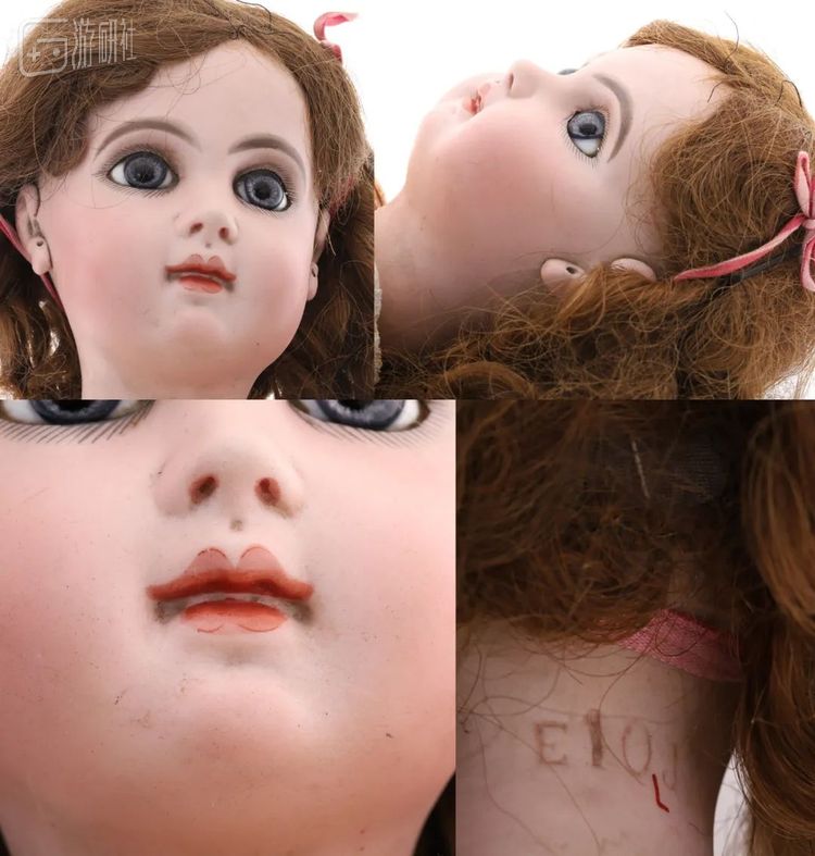 拍卖网站上卖到2179欧元的朱莫Bébés款娃娃，颈部有朱莫公司标识，E.J.是E.J.Jumeau bebe的缩写。 时隔百余年，这位少女的无釉陶瓷头仍然红润饱满，唇色鲜艳，让人惊叹当年工艺的高超