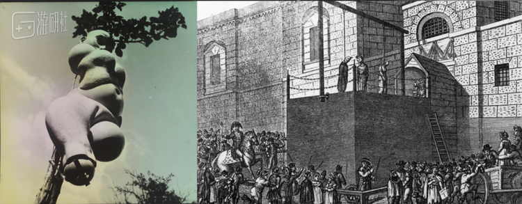 这张图的摄影角度宛如观众在绞刑场下凝视囚犯 凸出乳房和私处，展现了酷刑虐待下少女的肉体