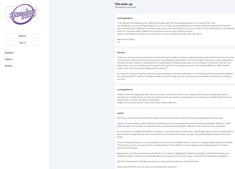 在Cosplay.com上，人们讨论起蒂法的妆容通常都会强调“浅色”“自然”