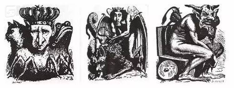 从左至由以此为魔王巴尔、魔王之妻亚斯塔禄和贝尔芬格