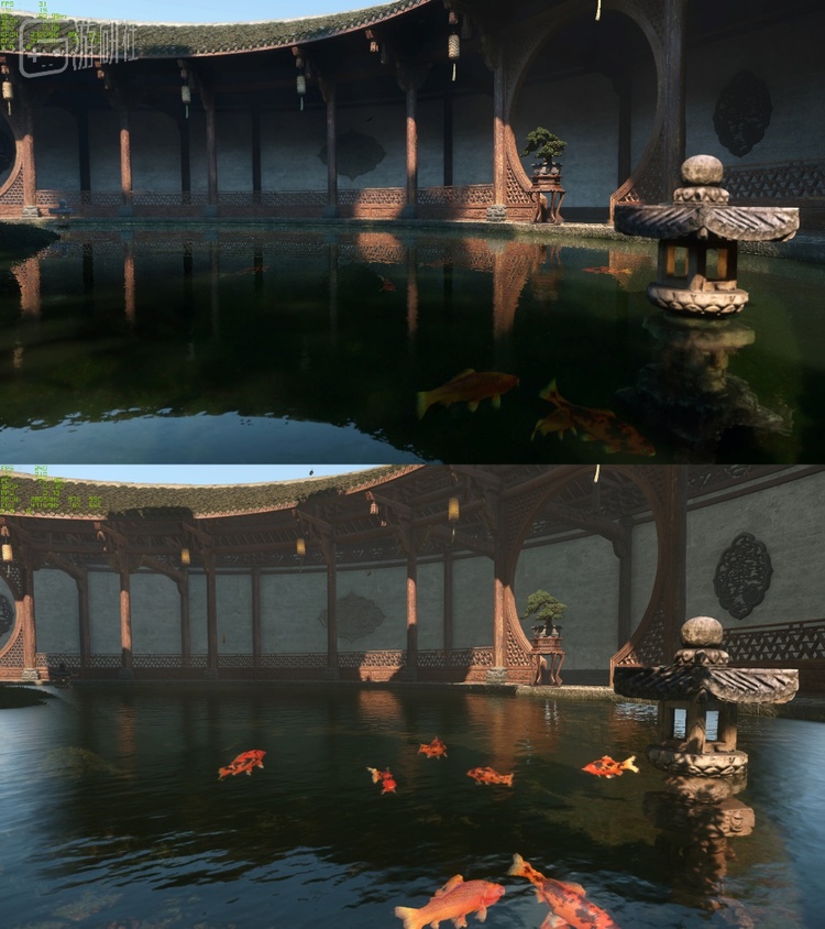 2K分辨率下，打开（上）和关闭（下）光追后的画面差异明显