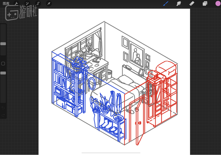 游戏中“6栋301房”的正交空间设计草图，在我们一言一语的讨论中就成型了