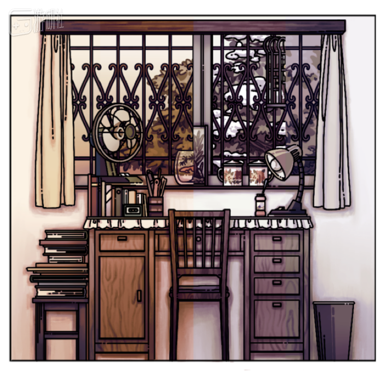 游戏场景中以第二面墙为例，每日四季色调变化的对比图，左至右分别为春夏冬秋 