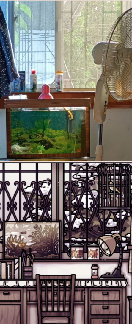 美術家中與遊戲中的窗邊魚缸