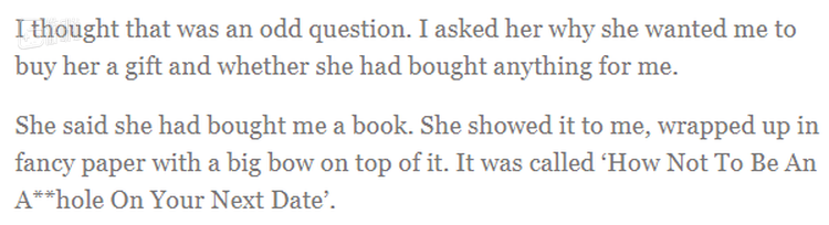 最后，她送了我一本书，书名叫《如何下次约会时不要当一个混蛋》